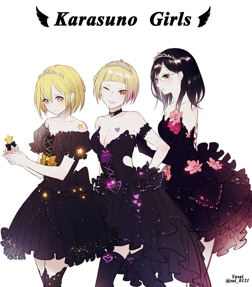 3girls, black_eyes, black_hair, blonde_hair, brown_eyes, choker, dress, glasses
