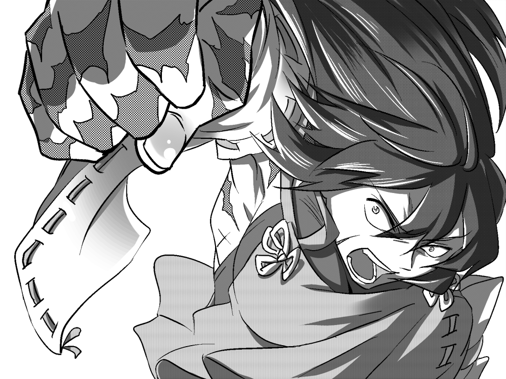 1girl, clenched_hand, detached_sleeves, greyscale, incoming_punch, leotard, long_hair, m.u.g.e.n