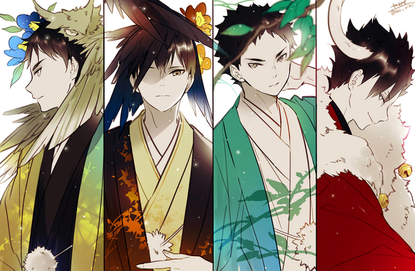 4boys, akaashi_keiji, arms_behind_head, black_hair, brown_eyes, flower, grey_eyes, haikyuu!!