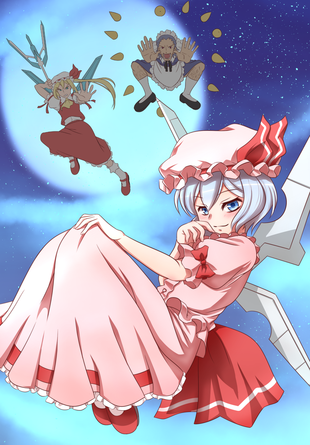 1girl, 2boys, apron, ascot, attack, blonde_hair, blue_dress, blue_eyes