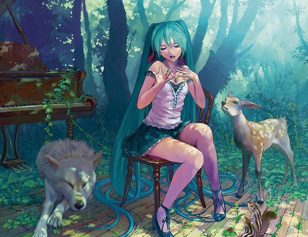 aqua_eyes, aqua_hair, bare_shoulders, camisole, chair, chipmunk, deer, grand_piano