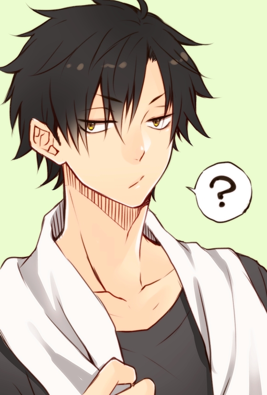 1boy, ?, akaashi_keiji, amber_eyes, black_hair, green_background, haikyuu!!, looking_at_viewer