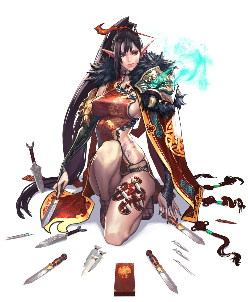 alpha_transparency, artist_request, black_nails, bridal_gauntlets, brown_hair, chaos_heroes_online, dagger, earrings