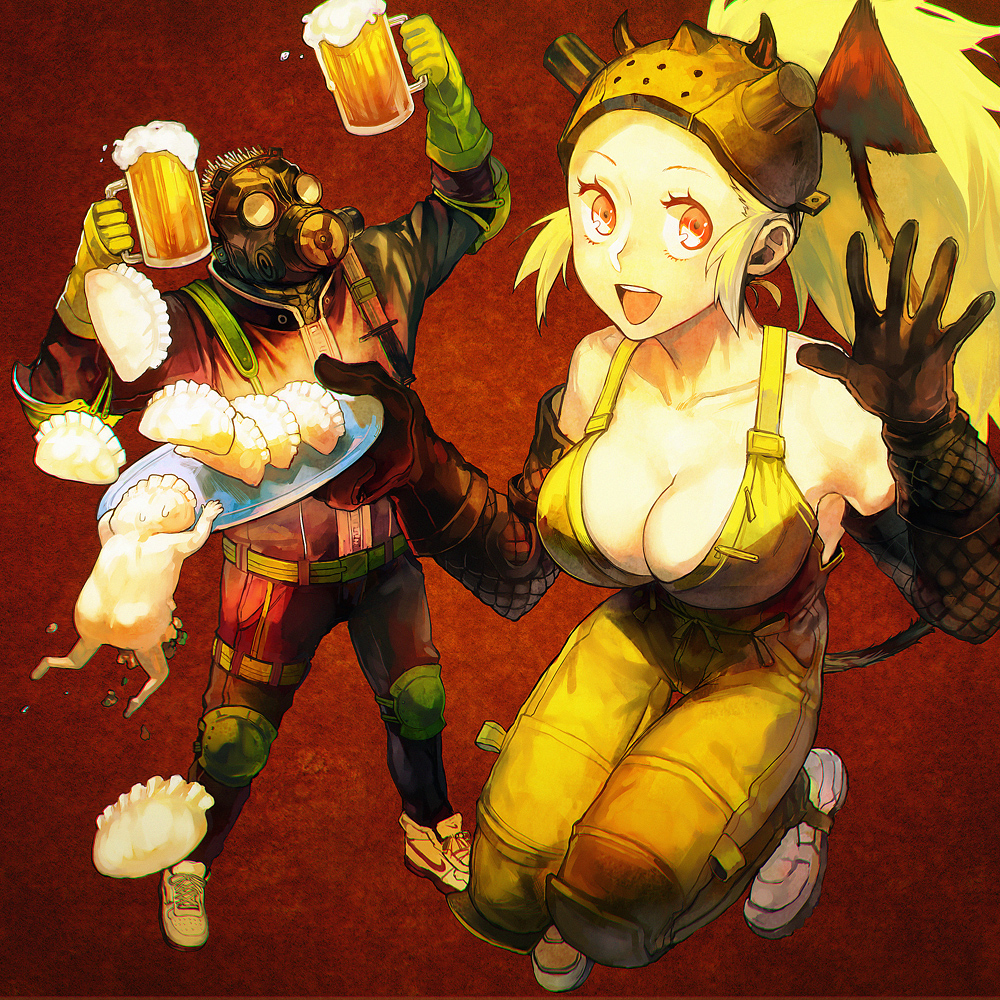 1boy, 1girl, :d, alcohol, bare_shoulders, beer, blonde_hair, breasts