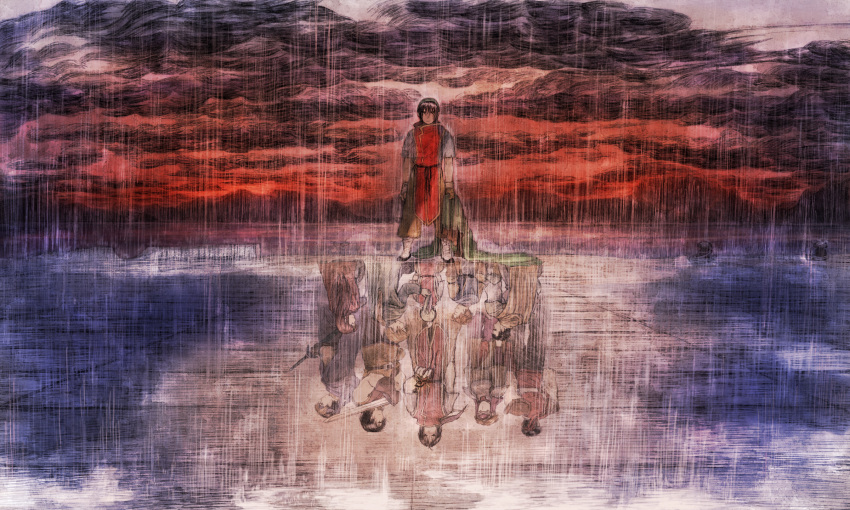 bandana, black_hair, blonde_hair, brown_hair, cleo_(suikoden), different_reflection, flik, gensou_suikoden