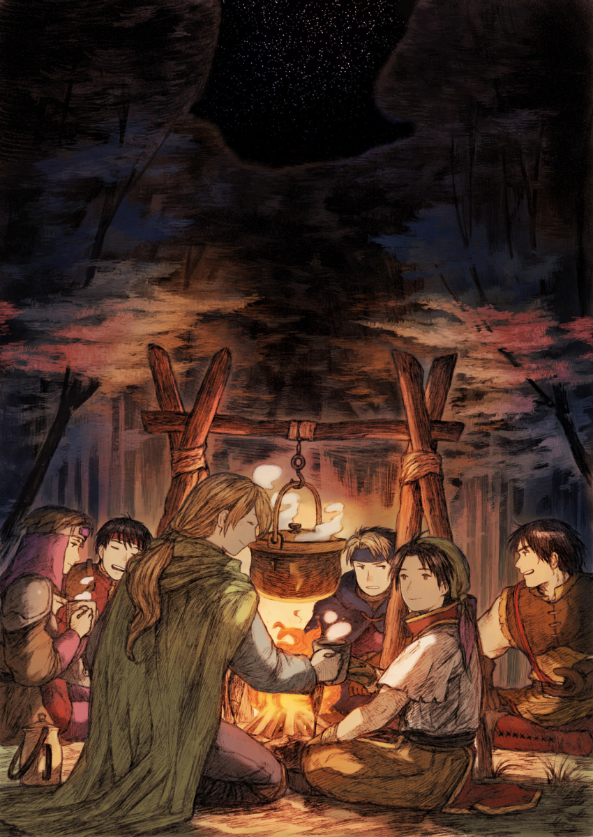 1girl, 5boys, bandana, black_hair, blonde_hair, bonfire, brown_hair, cleo_(suikoden)