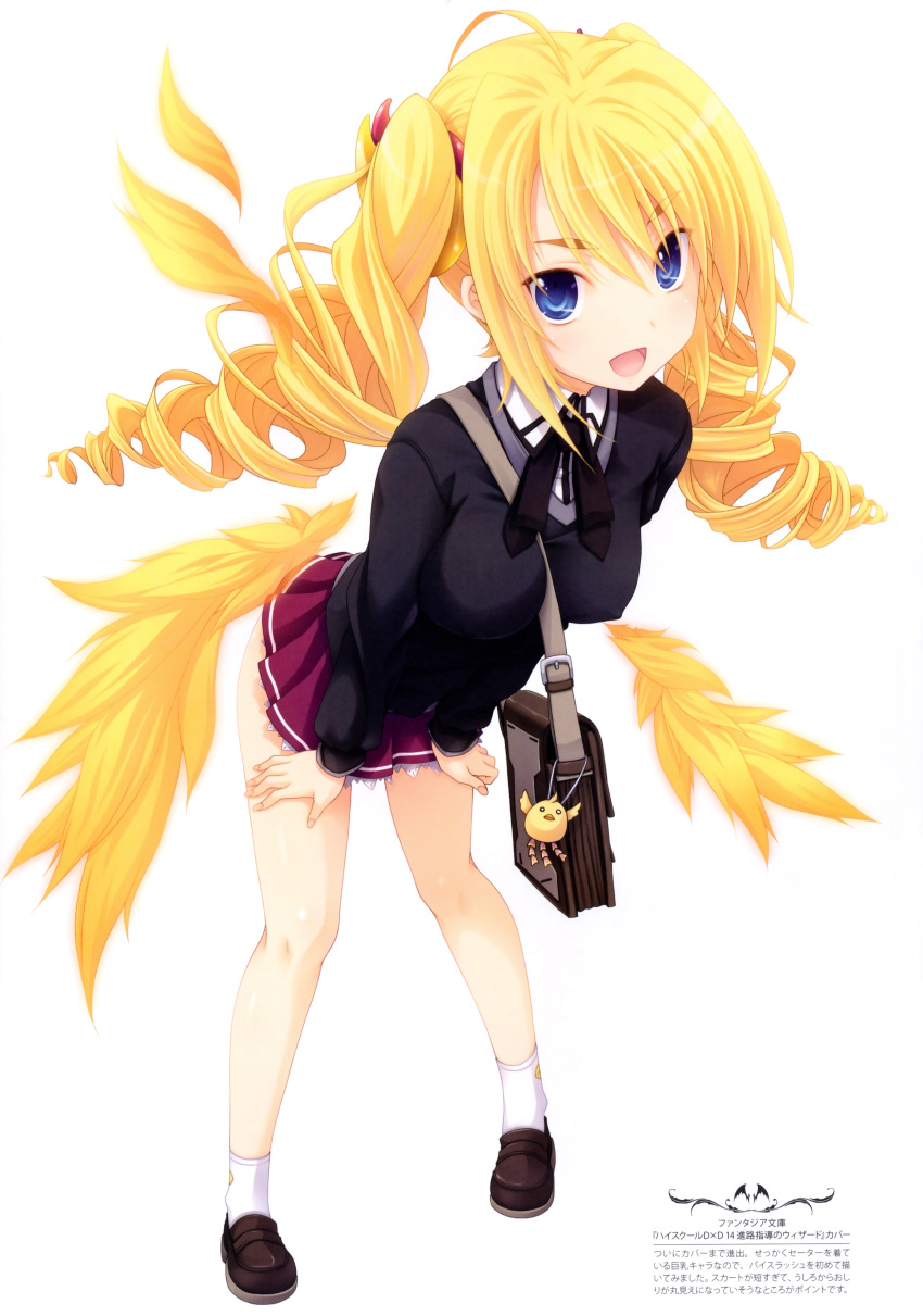 1girl, absurdres, ahoge, bag, blonde_hair, blue_eyes, cardigan, drill_hair