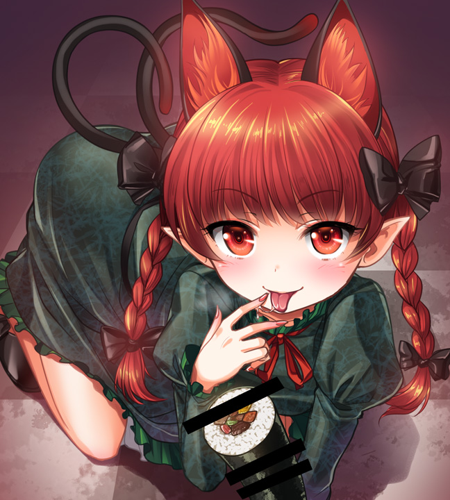 1girl, all_fours, animal_ears, bow, braid, cat_ears, cat_tail, censored