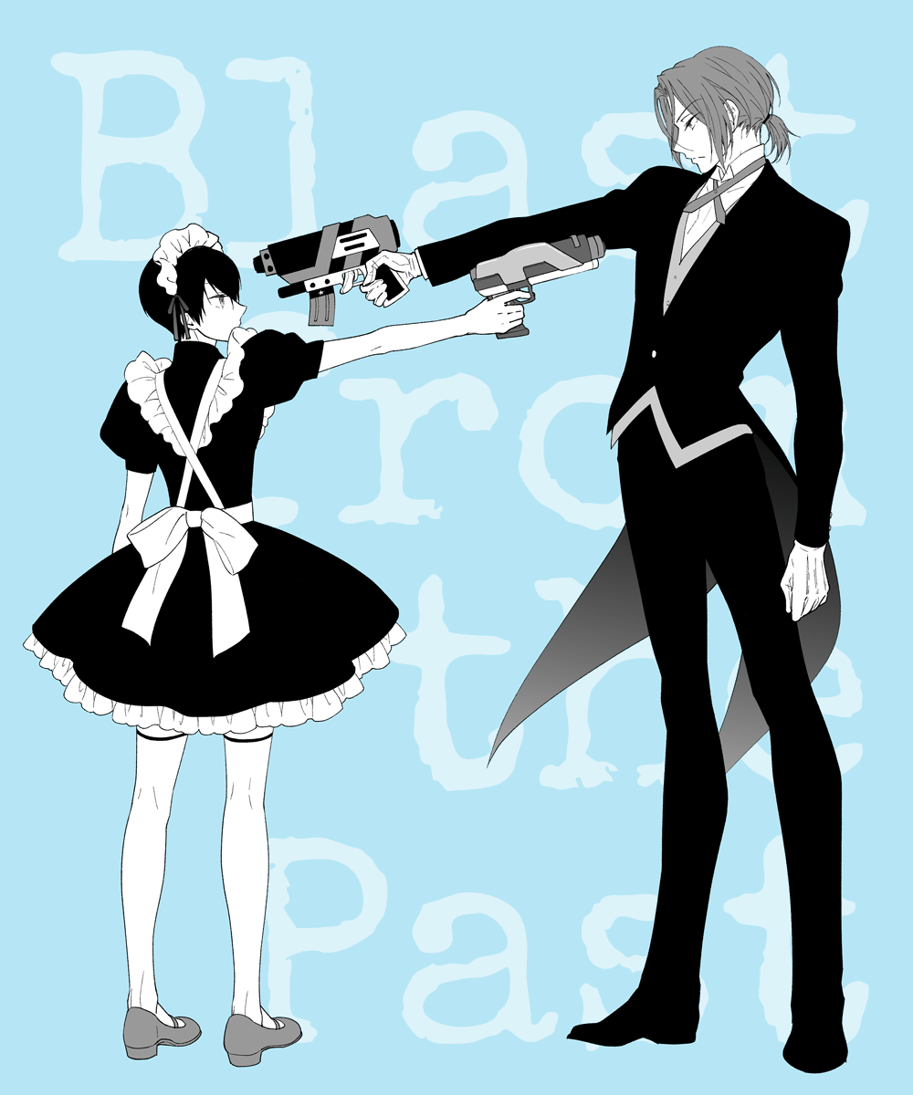 2boys, apress, apron, black_hair, butler, formal, free!, highres, long_hair, maid, maid_headdress, matsuoka_rin, monochrome, multiple_boys, nanase_haruka_(free!), short_hair, toy_gun, water_gun