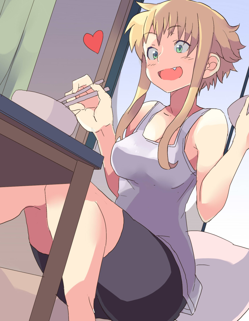 1girl, blonde_hair, chopsticks, fang, green_eyes, heart, highres, kuneru_marta