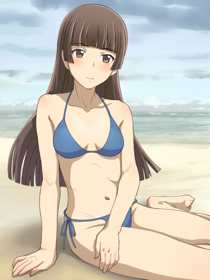 1girl, arm_support, bare_shoulders, beach, bikini, blue_bikini, blush, brown_eyes