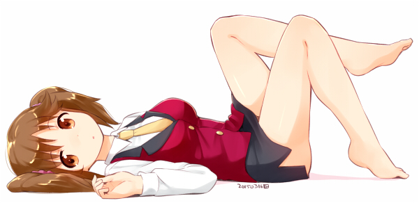 1girl, bare_legs, barefoot, breasts, brown_hair, dated, dress_shirt, idolmaster