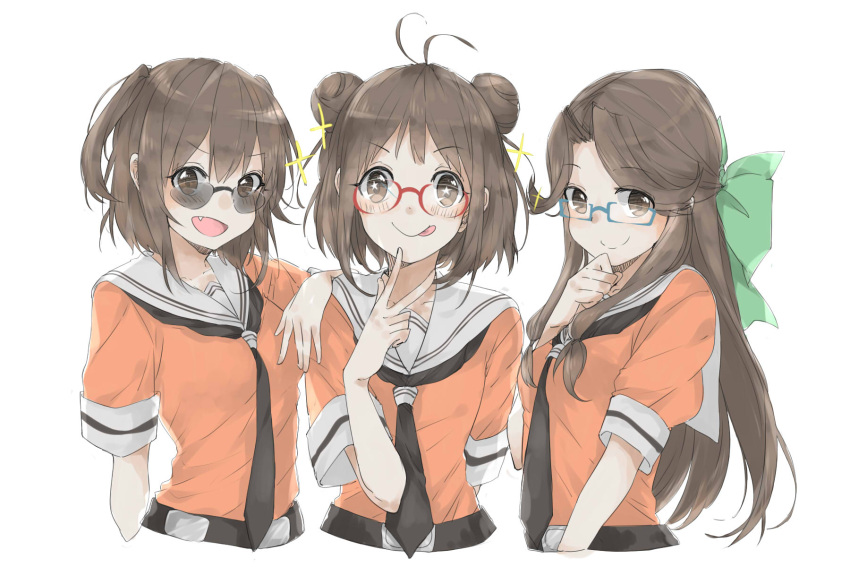 bespectacled, brown_eyes, brown_hair, double_bun, glasses, gloves, highres, jintsuu_(kantai_collection)