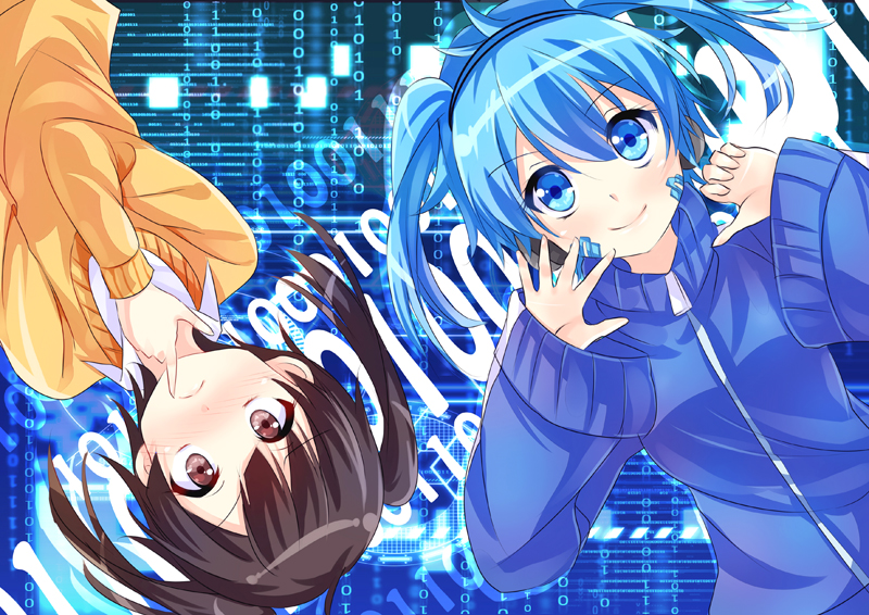 2girls, binary, black_hair, blue_background, blue_eyes, blue_hair, blush, brown_eyes