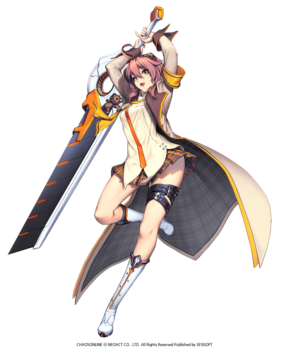 1girl, boots, chaos_heroes_online, company_name, copyright_name, fang, full_body, hair_ornament
