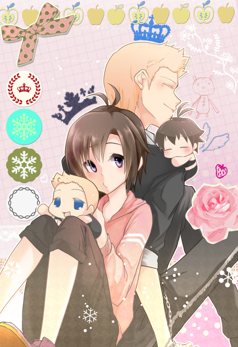 1boy, 1girl, antenna_hair, aq_(q07011au), back-to-back, black_hair, blonde_hair, closed_eyes, idolmaster, ijuuin_hokuto, kikuchi_makoto, makochii, puchimasu!, short_hair, sitting