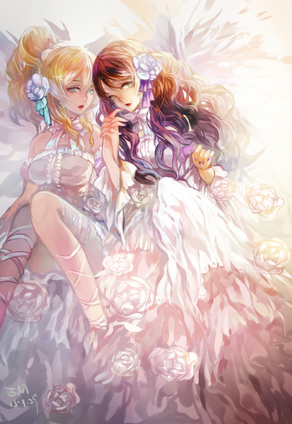2girls, ayase_eli, bare_shoulders, blonde_hair, blue_eyes, bow, breasts, dated, dress, flower, green_eyes, hair_flower, hair_ornament, head_tilt, highres, holding_hands, interlocked_fingers, kae_hokora, long_hair, love_live!_school_idol_project, multiple_girls, nail_polish, open_mouth, purple_hair, short_hair, sleeveless, sleeveless_dress, toujou_nozomi, white_dress, white_flowers, white_wings, wings