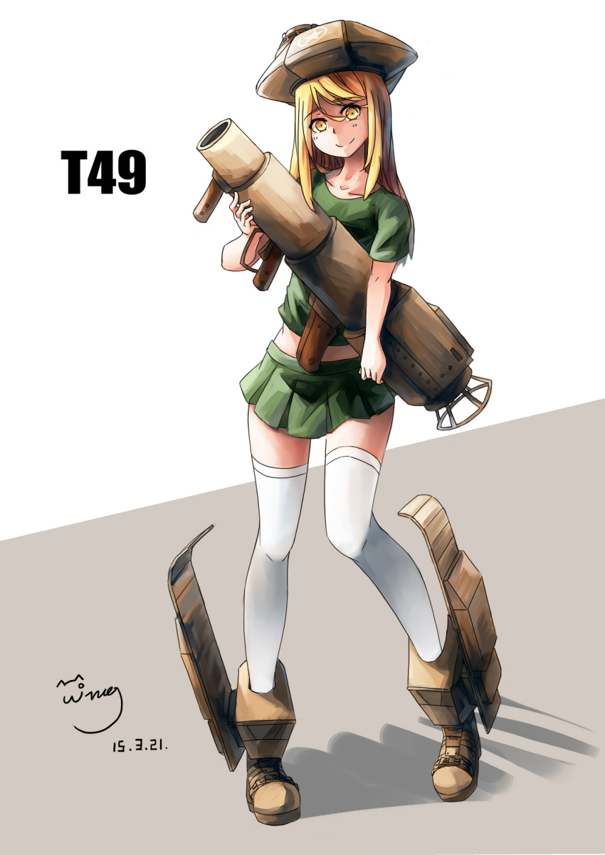 1girl, bazooka, blonde_hair, boots, character_name, dated, helmet, highres
