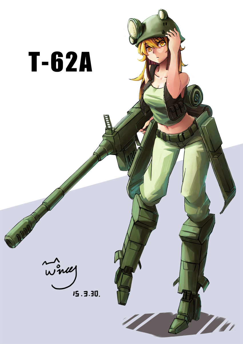 1girl, belt, blonde_hair, boots, breasts, cannon, character_name, dated