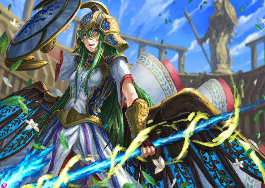 1girl, arena, armor, athena_(p&amp;d), breastplate, green_hair, helmet, highres