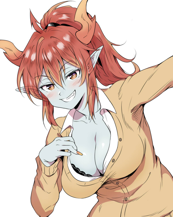 1girl, blue_skin, bra, breasts, cardigan, cleavage, grin, hera-ur_(p&amp;d)