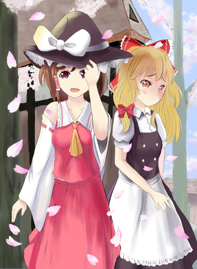 2girls, apron, ascot, blonde_hair, blue_sky, blush, bow, brown_hair