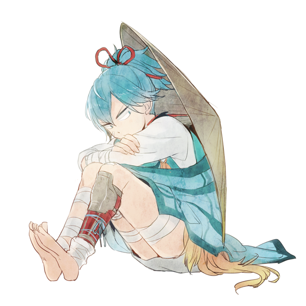 1boy, bandages, blue_eyes, blue_hair, hat, japanese_clothes, male_focus, ponytail