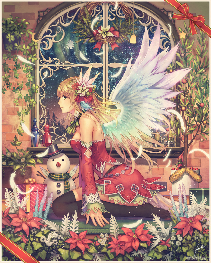 1girl, anbe_yoshirou, bare_shoulders, black_legwear, blonde_hair, box, christmas, crescent