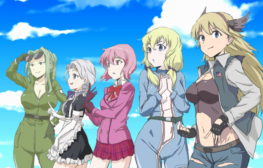 5girls, :o, adjusting_clothes, adjusting_gloves, adjusting_sunglasses, age_difference, american_flag, apron