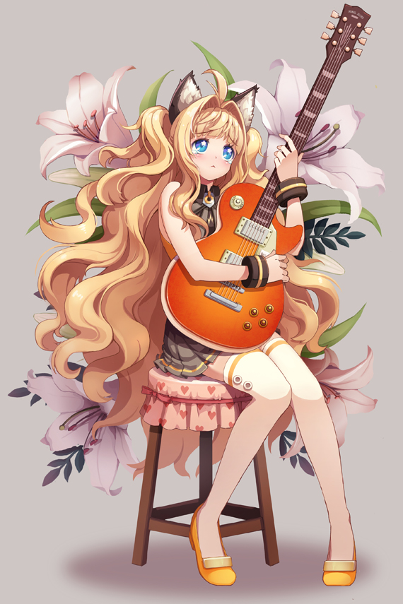 1girl, :<, ahoge, animal_ears, bare_shoulders, blonde_hair, blue_eyes, bracelet