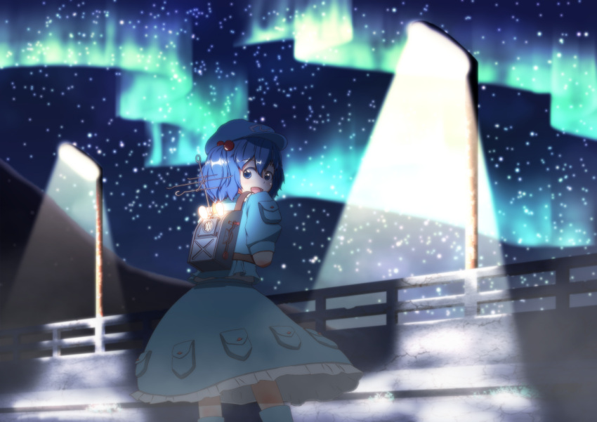 1girl, antennae, aurora, backpack, bag, blue_boots, blue_eyes, blue_hair, blush, boots, frilled_skirt, frills, from_behind, hair_bobbles, hair_ornament, hat, kawashiro_nitori, lamppost, looking_at_viewer, looking_back, night, night_sky, open_mouth, pocket, rubber_boots, shirt, short_hair, short_sleeves, skirt, skirt_set, sky, solo, star_(sky), starry_sky, tat_rous, touhou, twintails