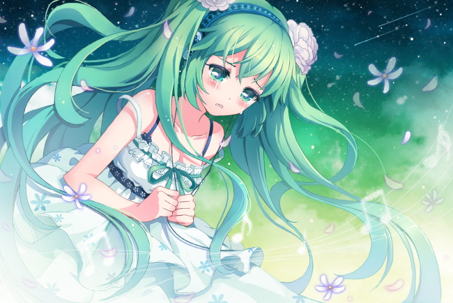 1girl, aqua_eyes, aqua_hair, blush, crying, crying_with_eyes_open, dress, flower, hair_flower, hair_ornament, hatsune_miku, headphones, long_hair, solo, tears, twintails, very_long_hair, vocaloid, windy4th