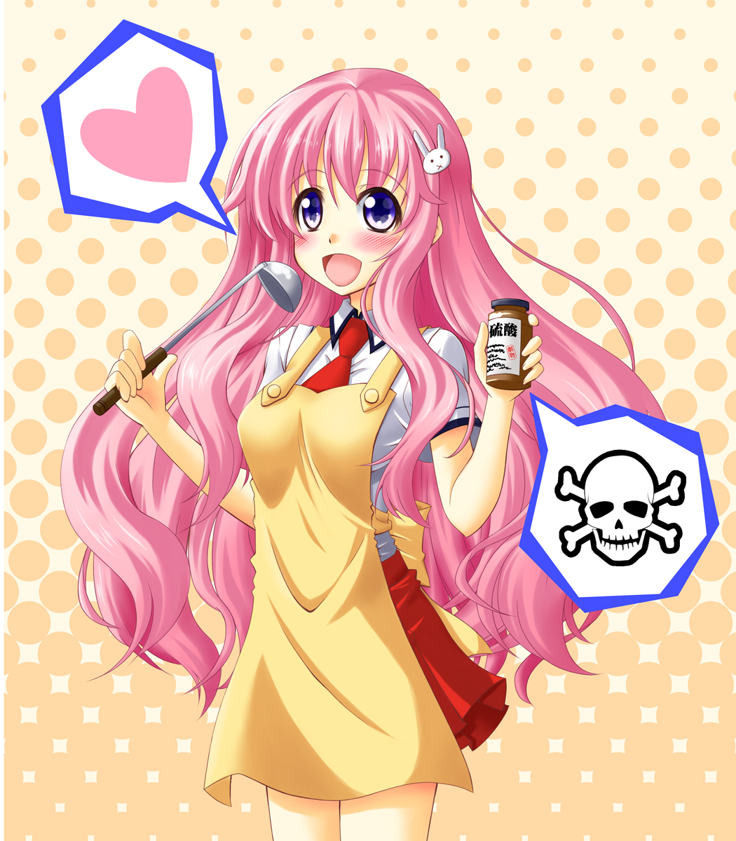 1girl, apron, baka_to_test_to_shoukanjuu, blush, breasts, hair_ornament, highres, himeji_mizuki, large_breasts, long_hair, open_mouth, pink_hair, poison, school_uniform, shinzaki_kai, skull_and_crossbones, smile, solo, violet_eyes