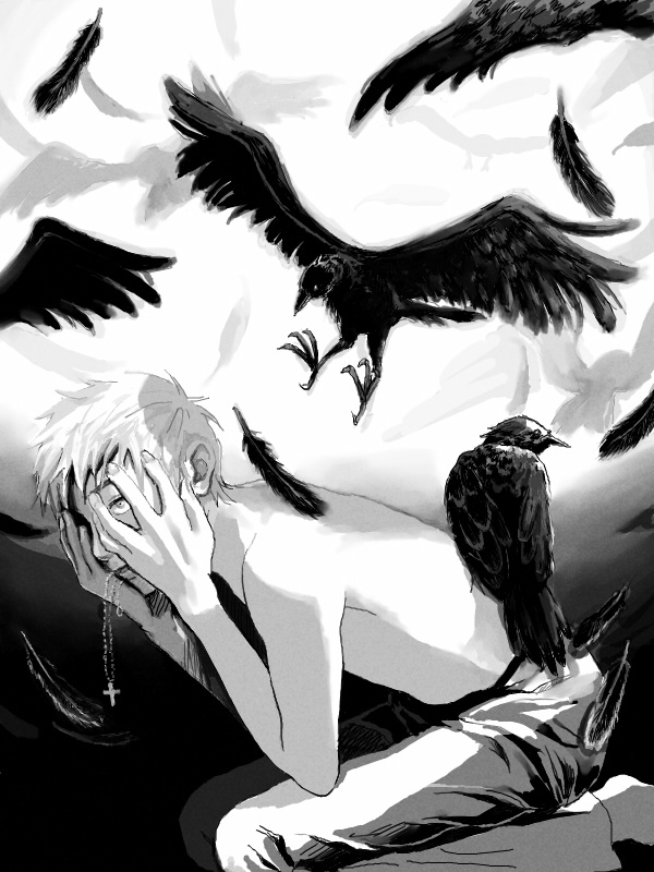 1boy, bird, bird_on_back, black_feathers, copyright_request, cross, cross_necklace, crow
