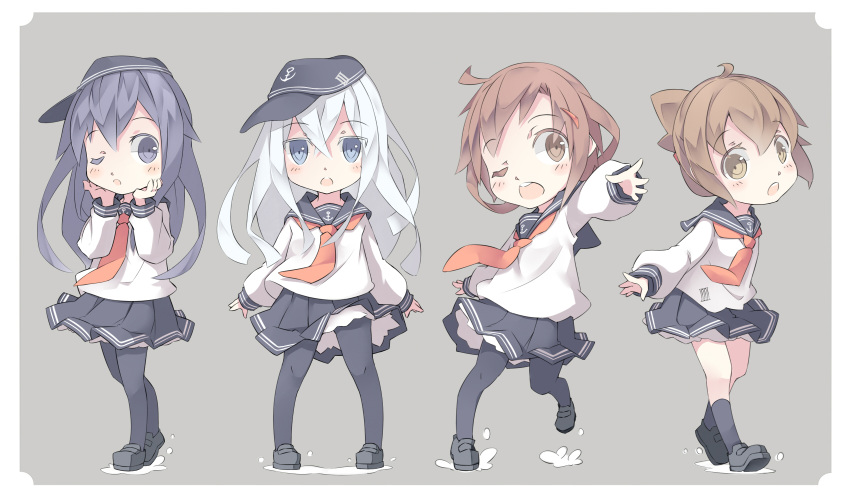 4girls, akatsuki_(kantai_collection), blue_eyes, brown_eyes, brown_hair, chibi, hat, hibiki_(kantai_collection), highres, ikazuchi_(kantai_collection), inazuma_(kantai_collection), kantai_collection, loafers, long_hair, multiple_girls, open_mouth, pantyhose, school_uniform, serafuku, shiitake_(mm0820), shoes, short_hair, thigh-highs