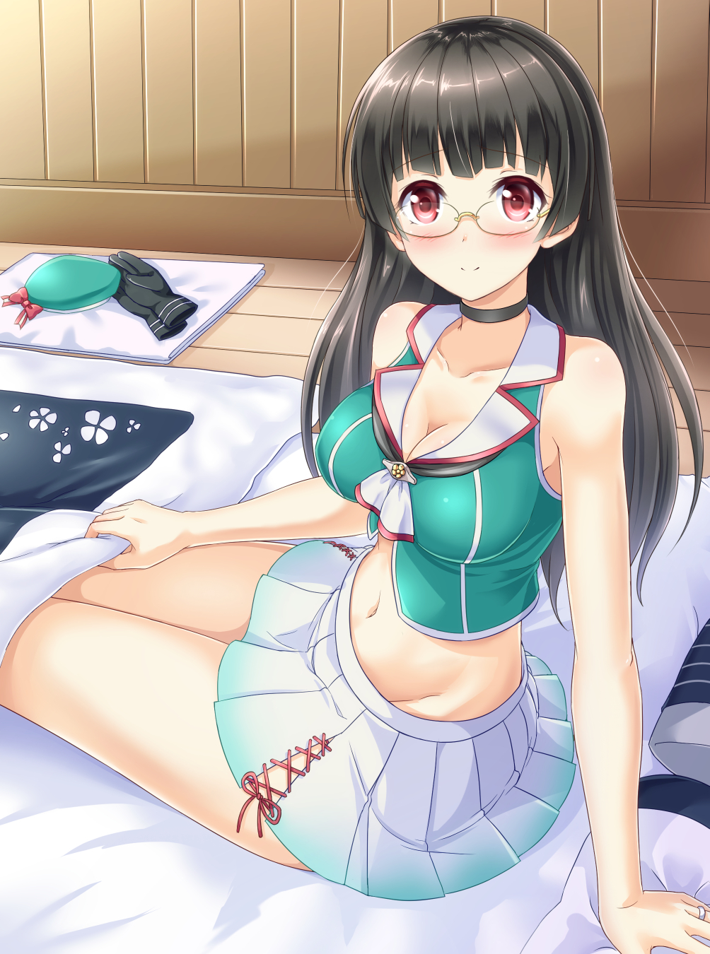 1girl, arm_support, bangs, bare_shoulders, black_gloves, black_hair, blunt_bangs, blush