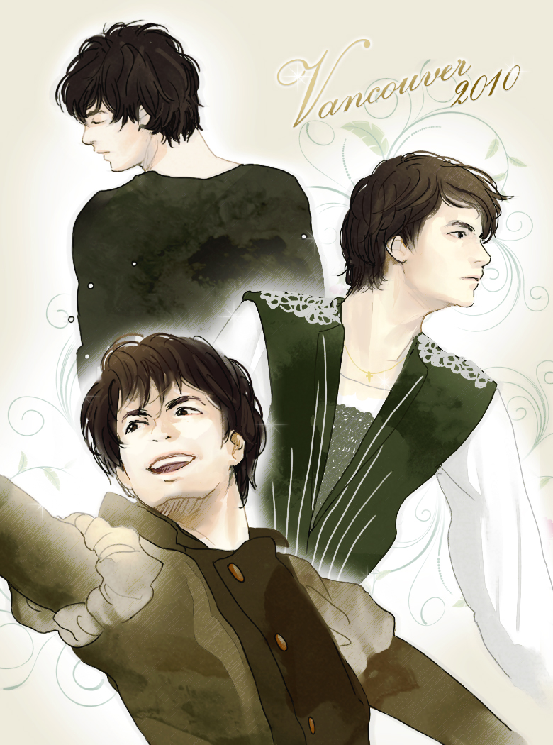 1boy, 2010_winter_olympics, brown_eyes, brown_hair, figure_skating, gradient, gradient_background, jewelry