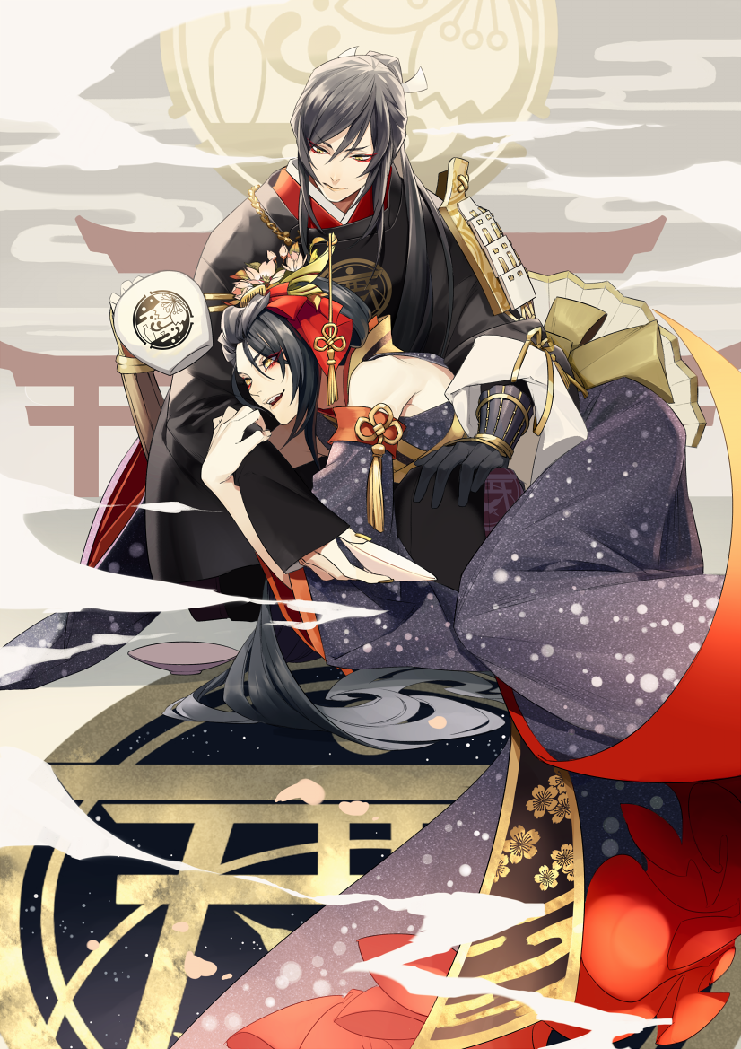 2boys, black_hair, detached_sleeves, egasumi, flower, gourd, hair_flower, hair_ornament