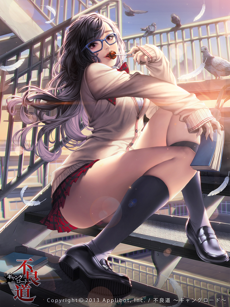 1girl, 2013, binder, bird, blue-framed_glasses, candy, cardigan, feathers