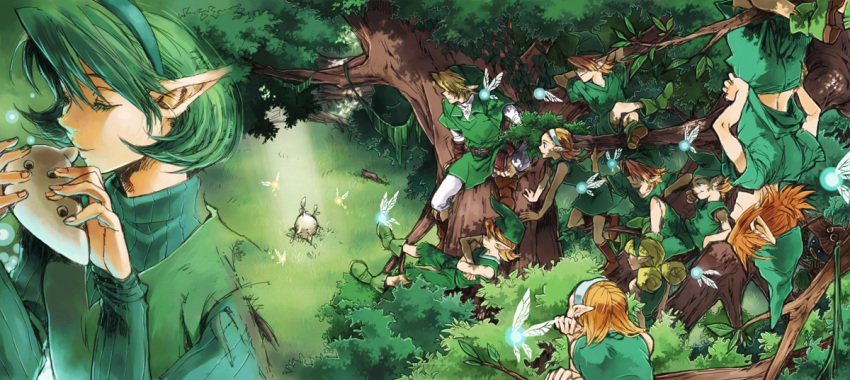 1girl, 4girls, 5boys, antique_(artist), blonde_hair, fado_(ocarina_of_time), fairy, fingerless_gloves
