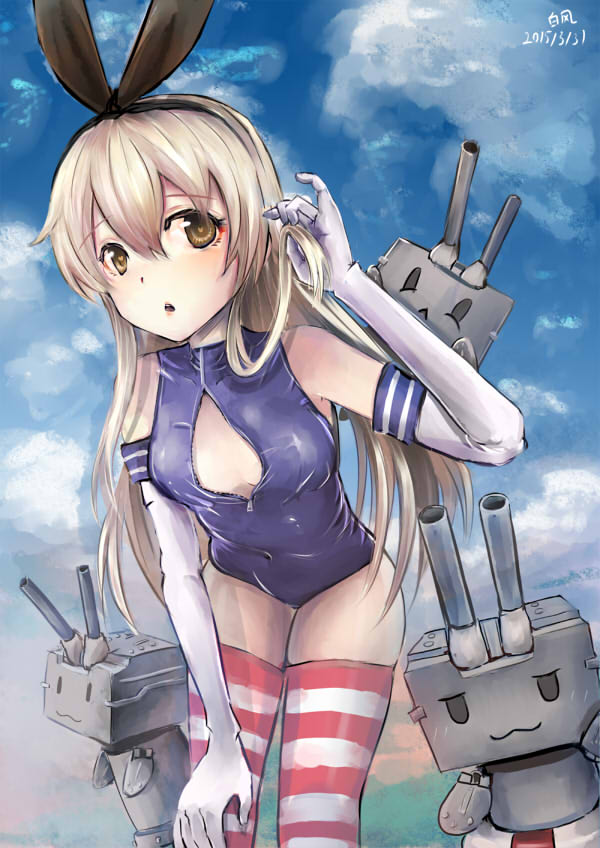 1girl, baifeng, blonde_hair, elbow_gloves, front_zipper_swimsuit, gloves, kantai_collection, leaning
