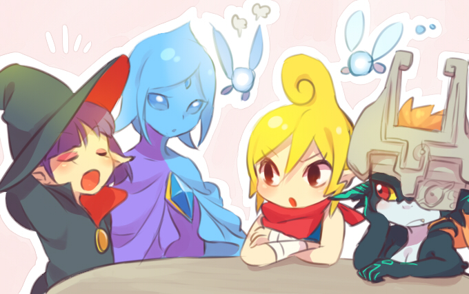 4girls, a_link_between_worlds, blonde_hair, blue_eyes, blue_hair, cape, chin_rest, crossed_arms, fairy, fi, hat, helmet, imp, irene_(the_legend_of_zelda), long_hair, majora's_mask, midna, multiple_girls, navi, neckerchief, ocarina_of_time, orange_hair, pointy_ears, purple_hair, red_eyes, short_hair, skyward_sword, tatl, tetra, the_legend_of_zelda, twilight_princess, ukata, wind_waker, witch_hat