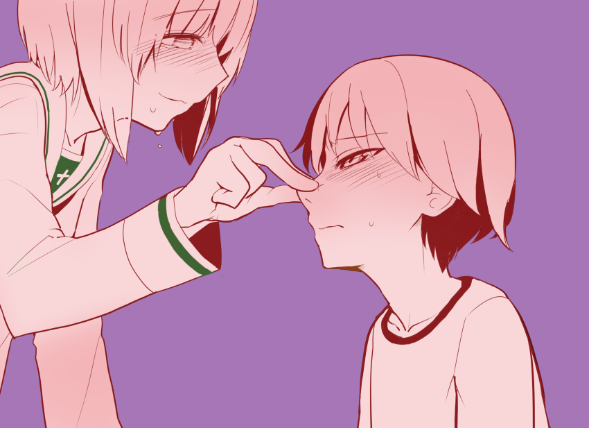2girls, aomushi_(mushamusha), blush, brown_hair, girls_und_panzer, gym_uniform, hand_on_another's_face, highres