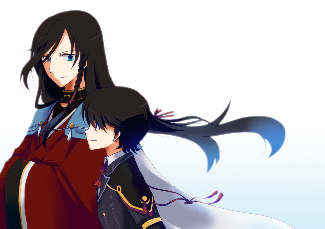2boys, black_hair, blue_eyes, braid, hands_in_sleeves, horikawa_kunihiro, izumi-no-kami_kanesada, japanese_clothes