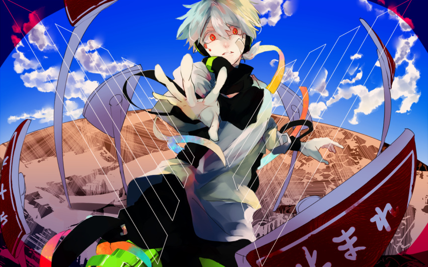 1boy, falling, headphones, kagerou_project, konoha_(kagerou_project), konoha_no_sekai_jijou_(vocaloid), long_hair, red_eyes, road_sign, shiroimoppu, short_ponytail, sign, silver_hair