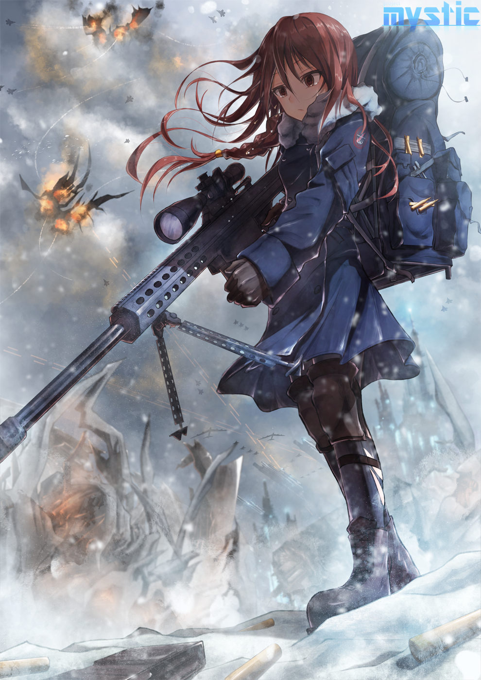 1girl, airplane, anti-materiel_rifle, backpack, bag, barrett_m82, black_legwear, bomber, boots, boyogo, braid, brown_eyes, brown_hair, coat, fighter_jet, fur_trim, gloves, gun, highres, jet, long_hair, military, military_uniform, operator, original, pantyhose, rifle, scope, single_braid, sniper_rifle, snow, solo, tears, uniform, weapon