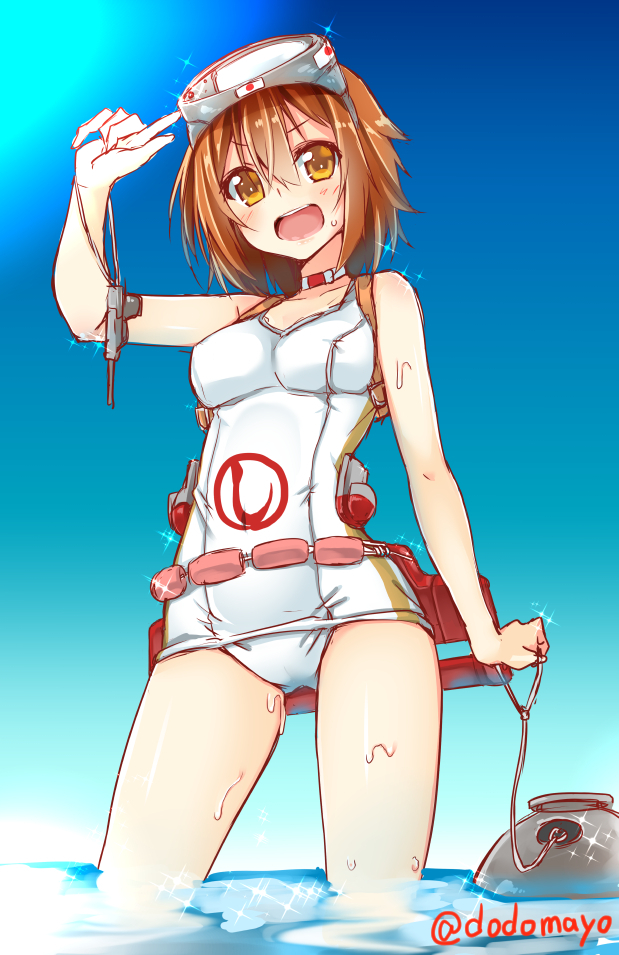 1girl, brown_eyes, brown_hair, commentary_request, cosplay, dodome-iro_mayonnaise, kantai_collection, maru-yu_(kantai_collection)