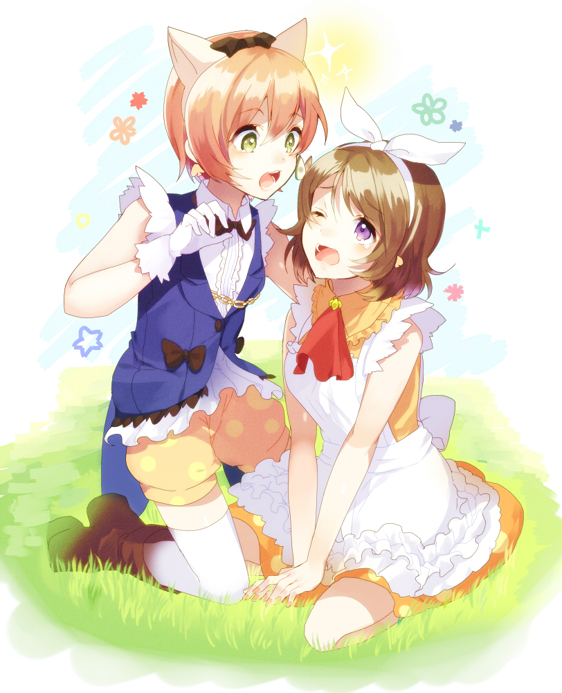 2girls, animal_ears, apron, ascot, bare_arms, brown_hair, cat_ears, chain, dress, gloves, grass, hair_ribbon, hoshizora_rin, kemonomimi_mode, kneeling, koizumi_hanayo, korekara_no_someday, love_live!_school_idol_project, multiple_girls, nochita_shin, one_eye_closed, open_mouth, redhead, ribbon, shorts, sitting, sleeveless, sleeveless_shirt, thigh-highs, v_arms, vest, violet_eyes, wariza, white_gloves, white_legwear, yellow_dress, yellow_eyes