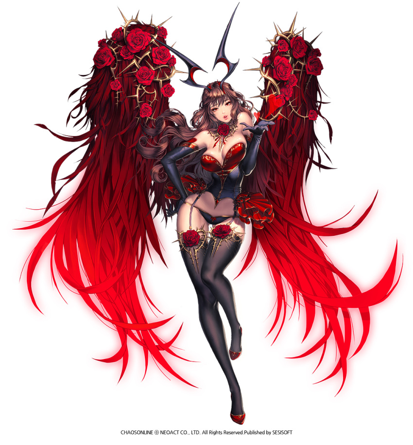1girl, akasha_(chaos_online), black_gloves, breasts, brown_hair, chaos_heroes_online, choker, cleavage