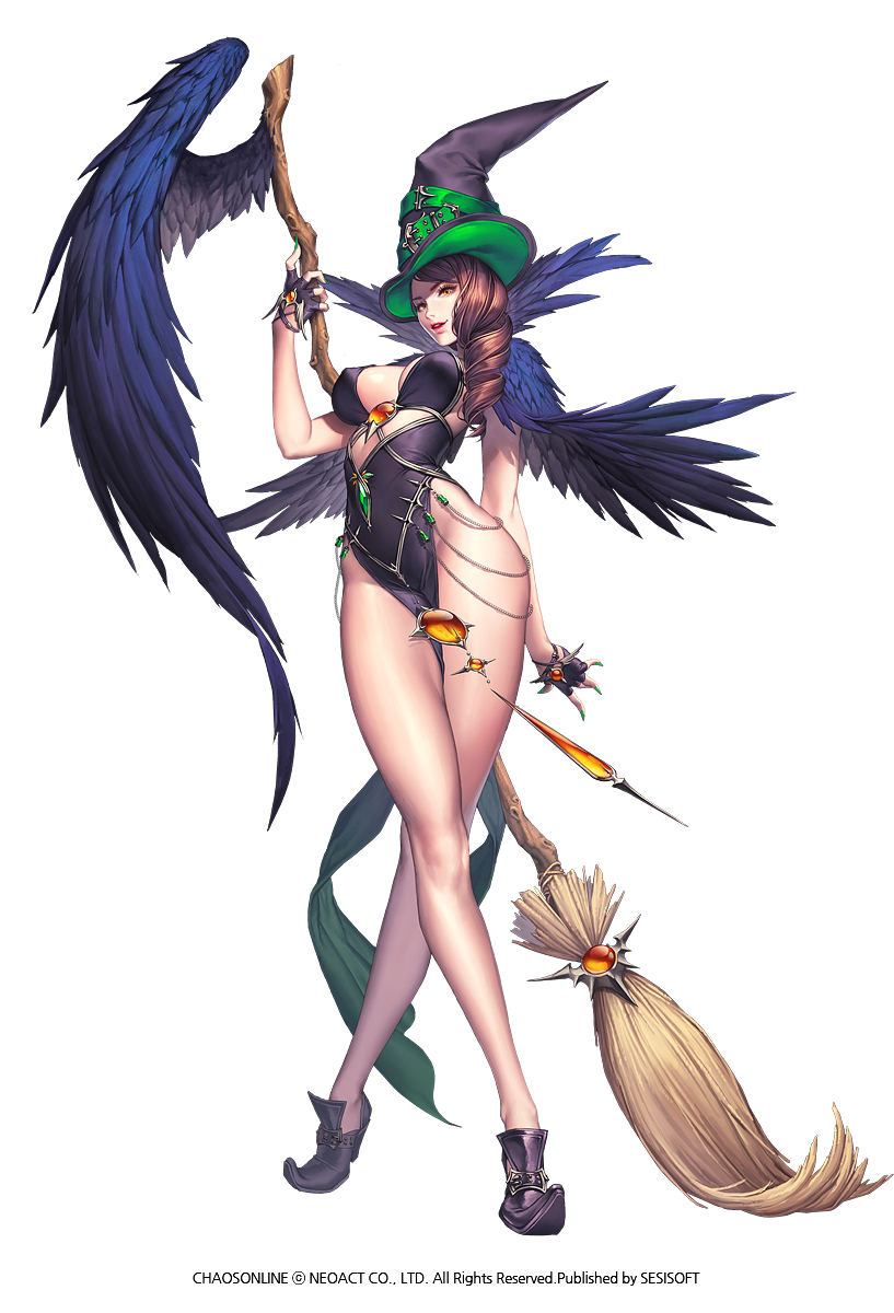 1girl, broom, brown_hair, chaos_heroes_online, company_name, copyright_name, crossed_legs, curly_hair